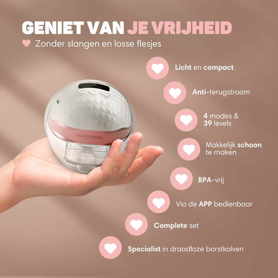 Vulpes Goods® BabyCare - Elektrische kabellose Milchpumpe - Freihändig & tragbar - mit APP-Steuerung - BPA-frei - inkl. Brustpellet-Scaler, 30 Muttermilch-Aufbewahrungsbeutel, Reisetasche & Pumpentagebuch - PRO V2