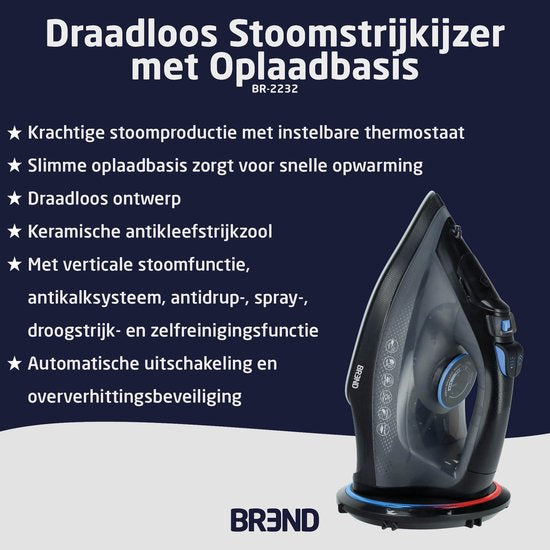 BREND BR-2232 Kabelloses Dampfbügeleisen mit Ladestation - Vertikale Dampffunktion, Anti-Kalk und Selbstreinigung - Einstellbarer Thermostat - 200W