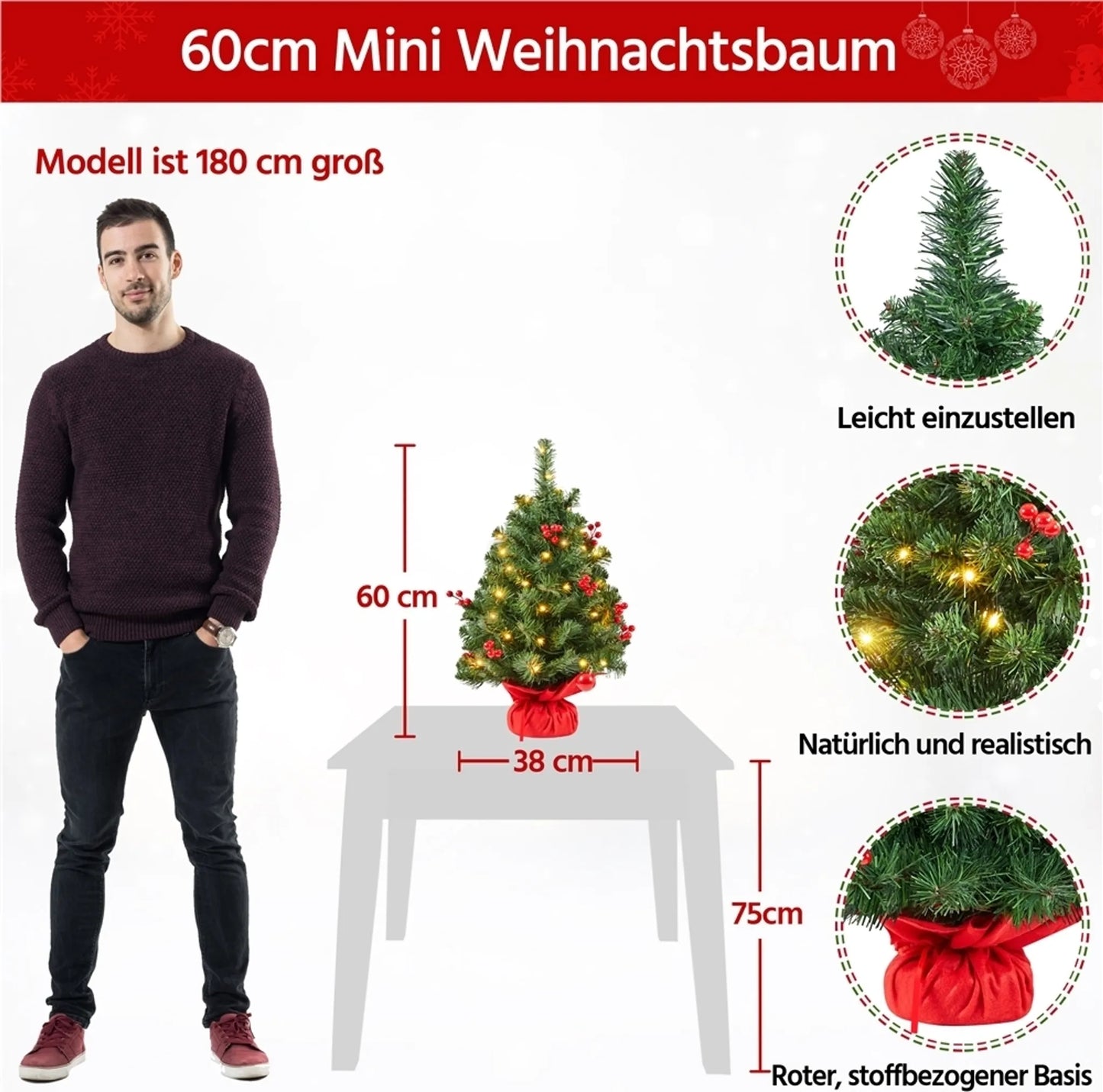 Yaheetech Tisch-Weihnachtsbaum mit Lichtern - 38 x 38 x 60 cm - Mit 35 LED-Lichtern und 40 roten Beeren und Betonsockel mit rotem Tuch - Für Sideboard und Büro - Grünes PVC und Beton