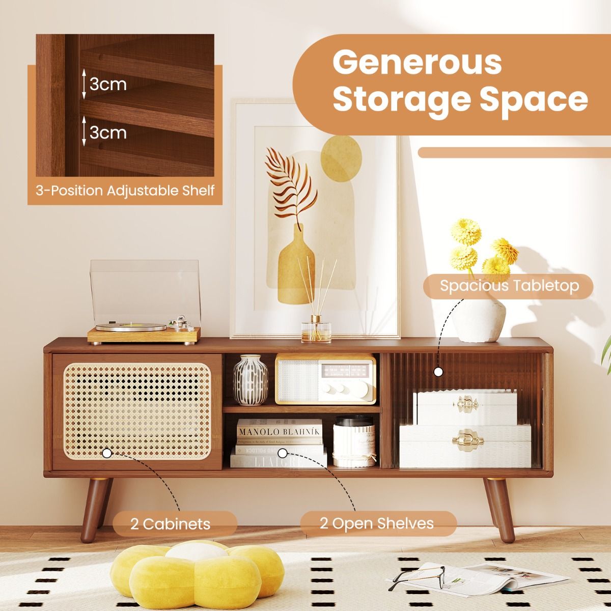 Coast TV-Möbel – Bambus mit Schilf und Glasschiebetür – verstellbares Regal – braun – 120,5 x 31 x 45,5 cm