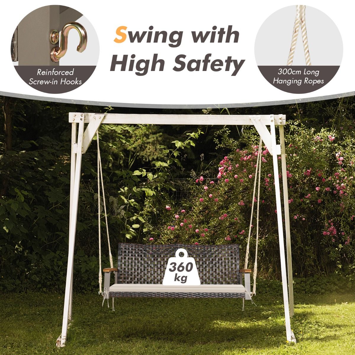 Coast 2-Sitzer Schaukelbank PE-Rotan mit Kissen 131x68x54 cm Beige - Hängeschaukel mit Armlehnen aus Akazienholz