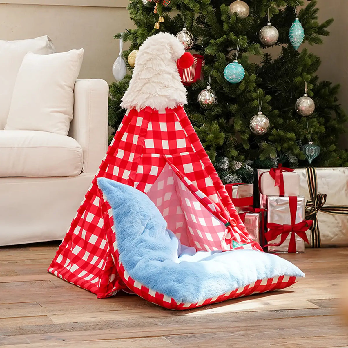 zeze Haustierzelt mit Weihnachtsmütze – rot-weiß kariert – 60 × 60 × 78 cm