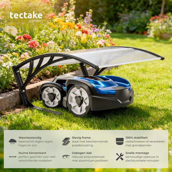 tectake® Garage für Mähroboter – Carport für Rasenmäher – Überdachung für Ladestation des Mähroboters – wetterfest – 81 x 100 x 48 cm – inklusive 4 Erdnägel – transparent