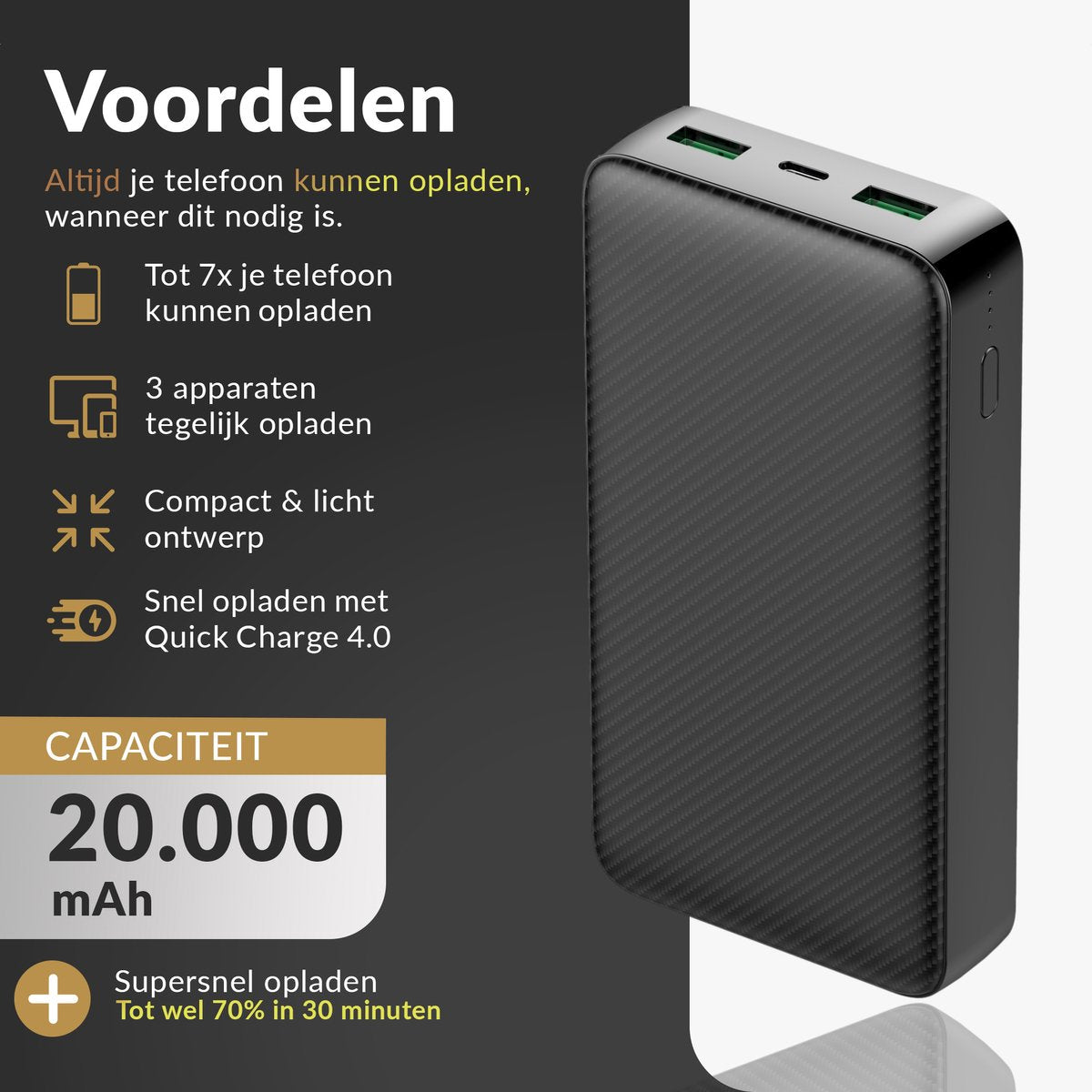 Surge Powerbank 20.000mAh - 22,5W Quick Charge 4.0 - 3 Geräte auf einmal aufladen - Schwarz - 14,5 x 6,8 x 2,8 cm