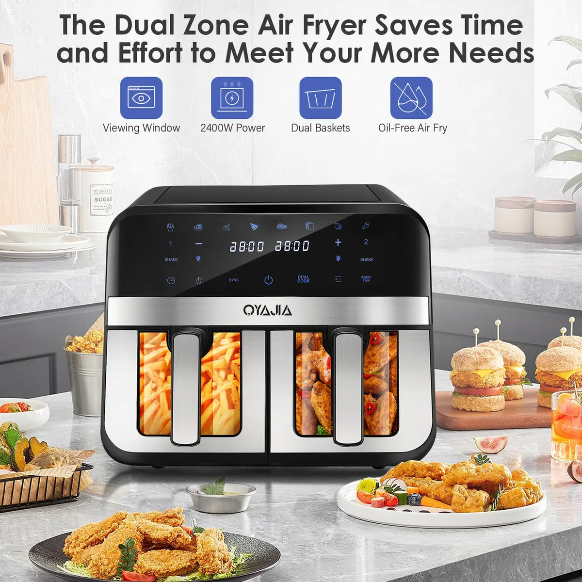 Oyajia Dual-Zone-Heißluftfritteuse mit unabhängiger Temperaturregelung – Digitaler Touchscreen – 4,5 l – Schwarz