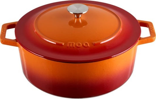 MOA Gusseisen-Kasserolle - Fassungsvermögen 5,7 Liter - 26CM - Rund - Alle Wärmequellen - Auch für Induktion - Gewicht 5,8 kg - Orange Rot - C26OR