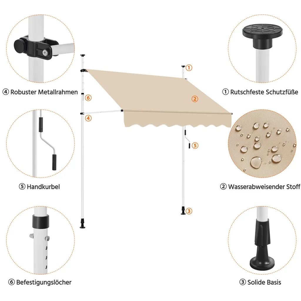 Yaheetech Balkon-Sonnenschirm 200 × 180 cm - Beige - Klemm-Sonnenschirm ohne Bohren mit Handkurbel und verstellbarer Höhe 210-300 cm