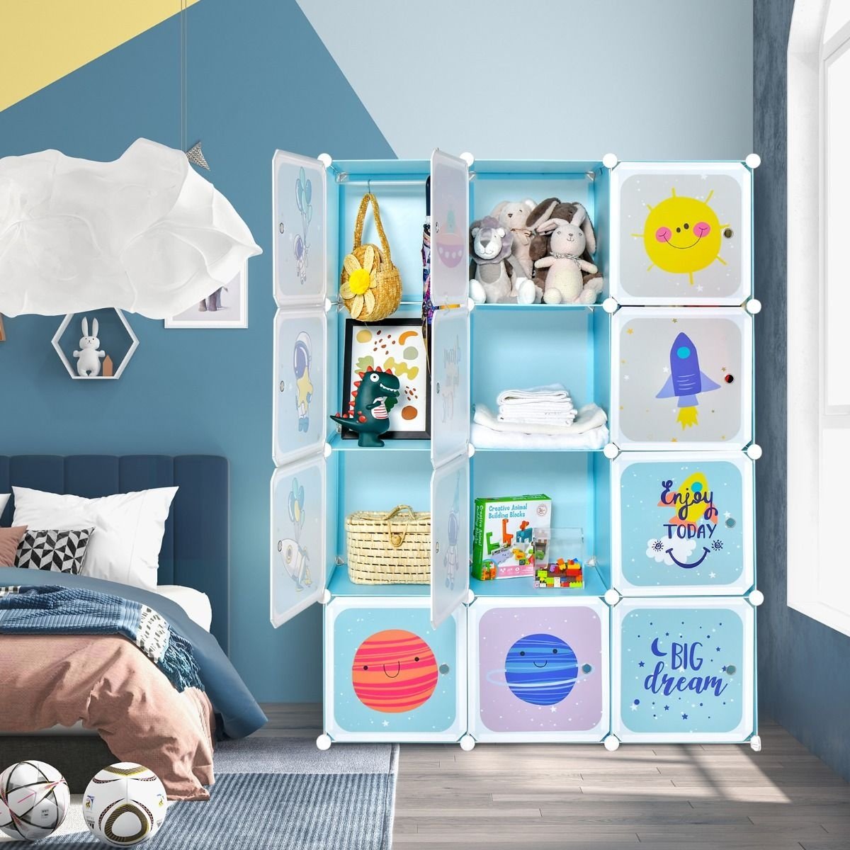 Kleiderschrank für Kinder Baby Kleiderschrank mit 2 hängenden Sektionen & 12 Würfel Cute Cartoon Kommode für Kinderzimmer Spielzimmer