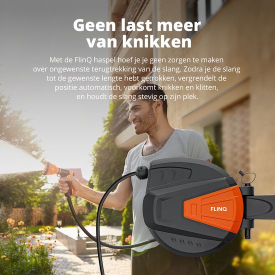 FlinQ Gartenschlauchtrommel 10 Meter - Automatische Schlauchtrommel - 180° drehbare Wandtrommel - Wandschlauchbox mit Gartenschlauch, Trommel und Sprinklerkopf - 9 Sprühmodi