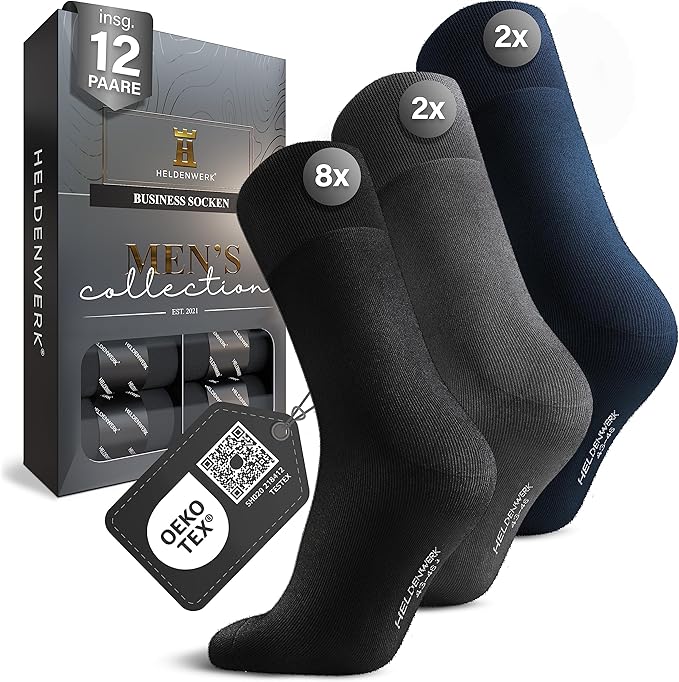 HELDENWERK Herren Socken aus atmungsaktiver Baumwolle ohne drückende Naht, Business Herrensocken, Anzugssocken - Größe 39-42 - (8 x schwarz, 2 x grau, 2 x marineblau)