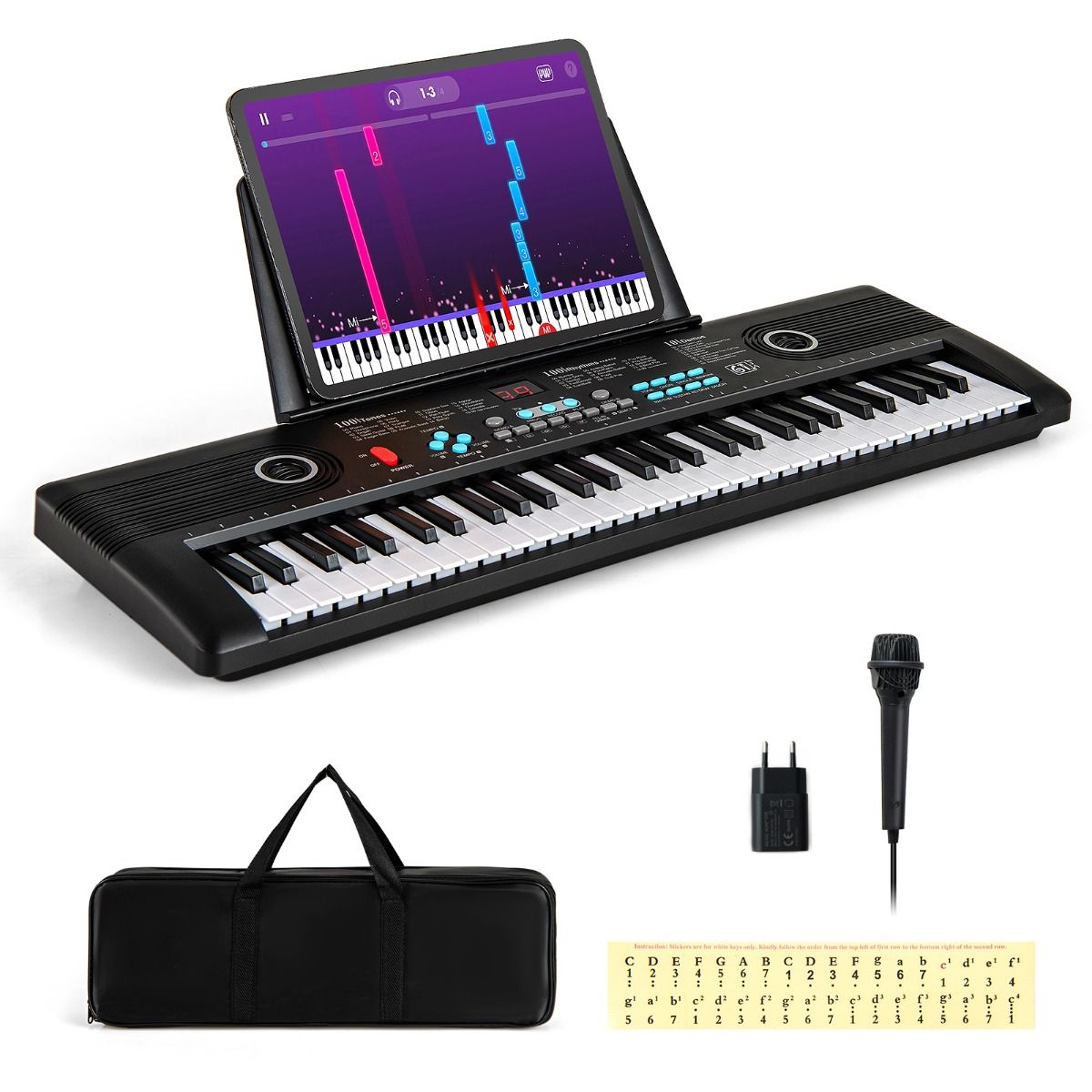 Coast Kinderkeyboard mit 61 Tasten, Ständer, Mikrofon und Tragetasche – 58 x 18 x 5 cm – Schwarz