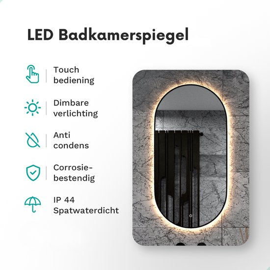 Mirlux Badezimmerspiegel mit LED-Beleuchtung & Heizung - Wandspiegel Oval - Schwarzer Rahmen - 100x50CM