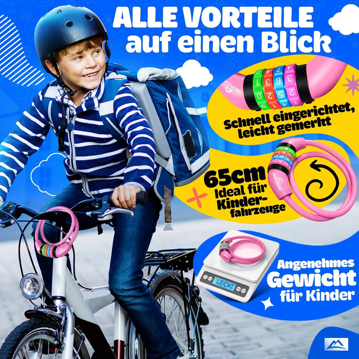NEXTCOVER® Kinderfahrradschloss - 4-stelliger Zahlencode - Zahlenschloss Fahrrad mit bunten Zahlen - Scooterschloss Extra robust & sicher - Pink