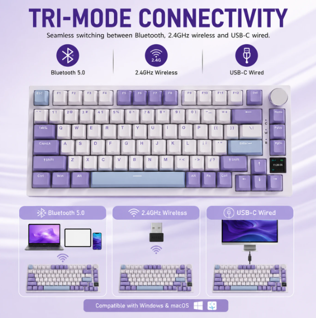 AJAZZ AK820 Pro Mechanische Tastatur – 75 % – QWERTY US – Tri-Mode – TFT-Display – RGB – Grau – Sea Salt Purple-Schalter