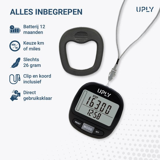Uply Schrittzähler mit Clip und Trageriemen - 3D-Sensor - Taschen-Schrittzähler - inkl. Batterie - Schwarz