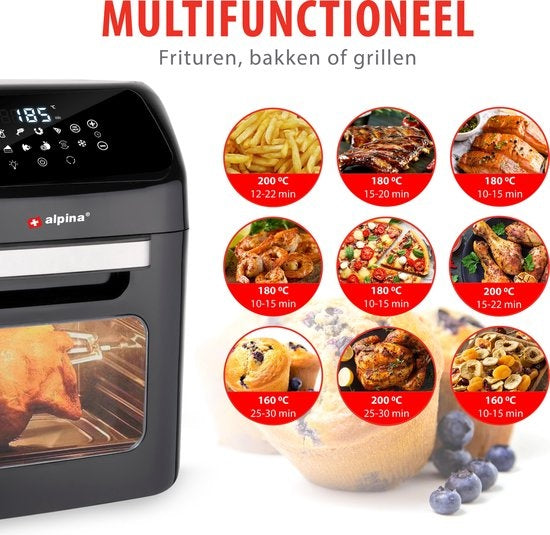 alpina Airfryer Oven 12L - Heißluftfritteuse 1800W - Heißluftofen mit Back- und Grillfunktion