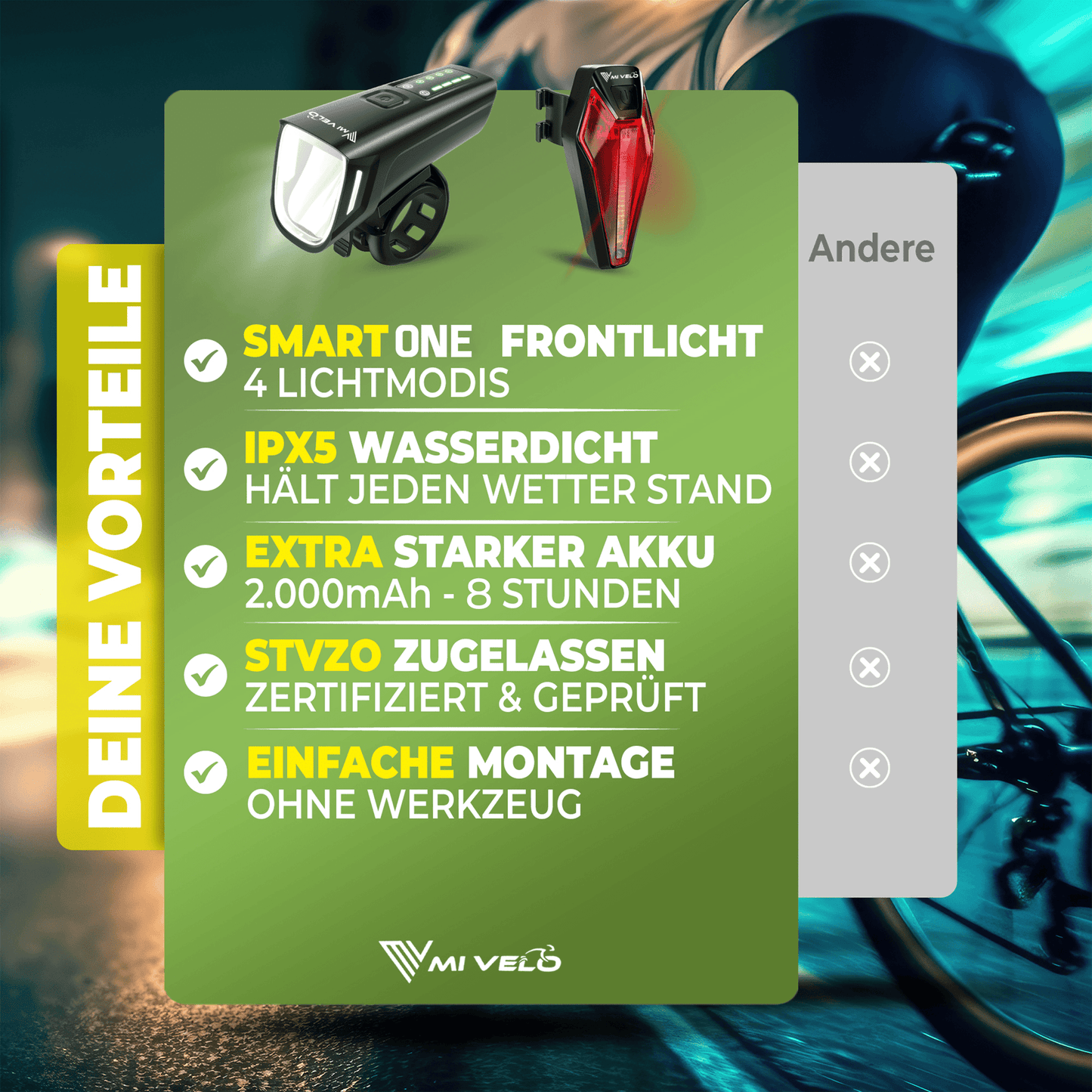 Mivelo Fahrradlicht Set LED "SMART ONE" USB-aufladbar