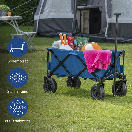 Zusammenklappbarer Bolderkar – Bolderkarren mit Luftreifen – 43 x 21 x 80 cm – Belastbar bis 70 kg – Besonders stabiler Ziehharmonika-Rahmen – Inklusive Bodenplatte und Aufbewahrungstasche – Zugwagen, Transportwagen und Strandwagen für Camping, Garten, Fe