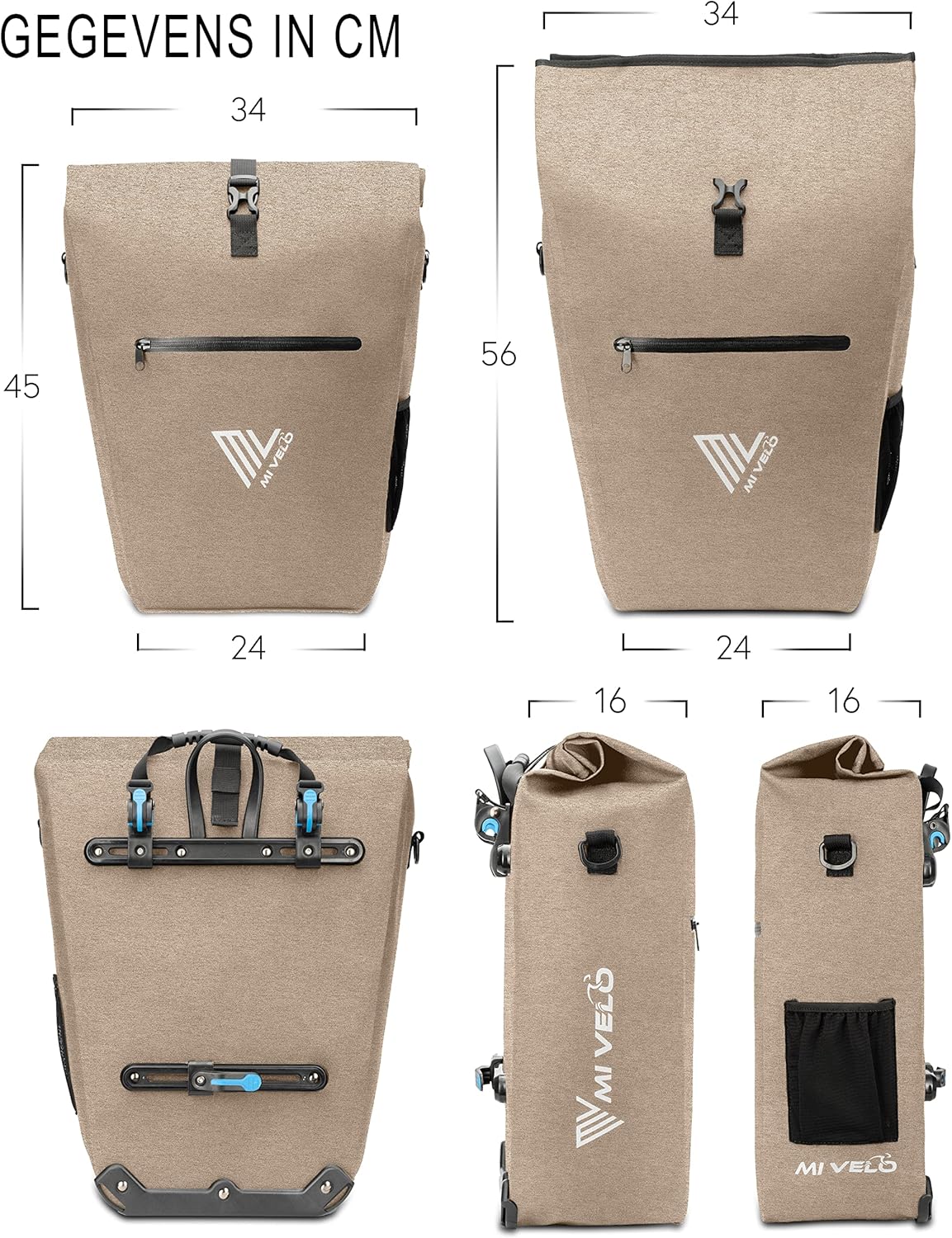 MIVELO Fahrradtasche für den Gepäckträger – 100 % wasserdicht, PVC-frei, Laptopfach, sandbeige