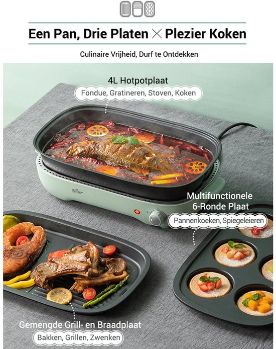 Bear Elektrischer Grill & Hot Pot 2-in-1 – 4 l – 1200–1400 W – frei einstellbare Temperatur (0–230 °C) – abnehmbare Grillplatte und Pfanne
