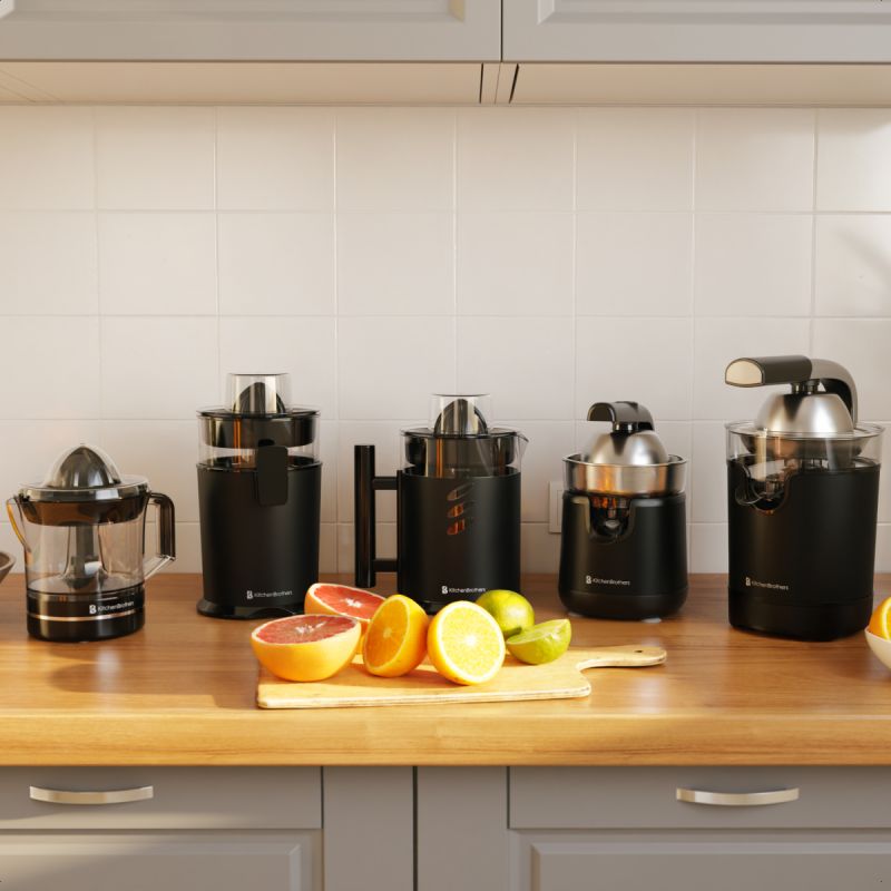 LEBENLANG Elektrische Orangenpresse 600 W – Schwarz, 20 x 20 x 31 cm, Edelstahl, inkl. Hebelarm