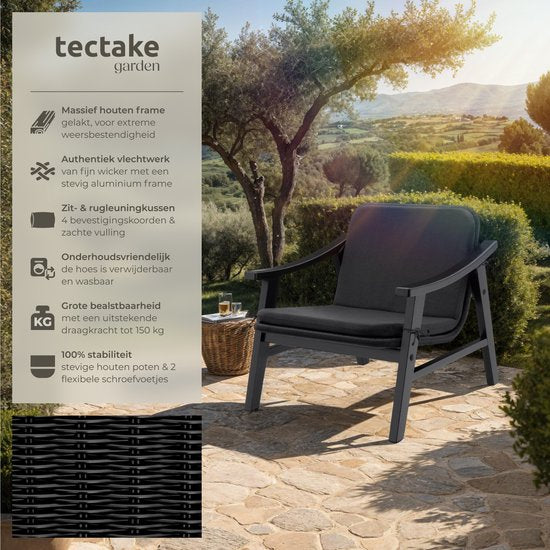tectake - Garden Chair - Holzstuhl für Balkon oder Garten - Korbgeflecht-Sitzfläche - Outdoor-Sessel - Belastbarkeit bis 150kg - Stuhl für den Innen- und Außenbereich - inkl. Kissen - schwarz