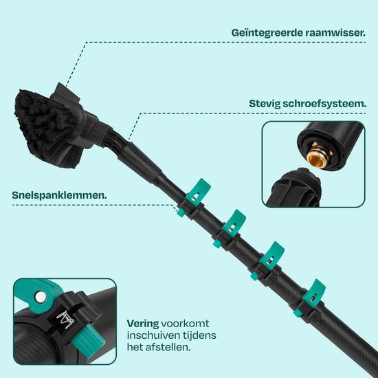 VONROC Hybrid-Teleskop-Waschbürste – Aluminium/3K-Vollcarbon – 6,5 m – inkl. 5-flächigem Bürstenkopf, 9 m Wasserschlauch und Seifenspender
