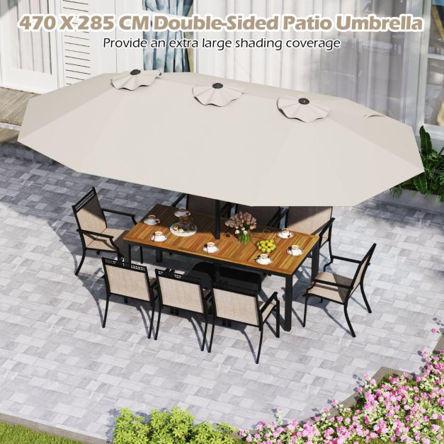 Coast Doppel-Terrassenschirm 470 × 285 cm mit Fuß – Großer rechteckiger Sonnenschirm mit Kurbel, 12 Metallstreben und Sandsäcken – für Garten und Terrasse