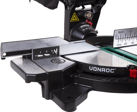 VONROC Kappsäge - Gehrungssäge - 1700W - Ø216MM - 4900 /min - Mit Laser, Tischverlängerung & Tiefeneinstellung - Inklusive Sägeblatt und Werkstückspanner