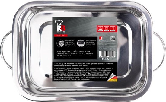 Renberg Lasagneform - Backform - Edelstahl - 32 x 23 x6,3CM -4 Liter