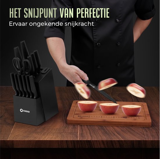 COOCK - Messerset mit Block und klappbarem Schneidebrett - Küchenmesser - Schere - Messerschärfer - 15-teiliges Küchenutensilien-Set im Messerblock - Edelstahl - mit 'Antihaft'-Beschichtung - Schwarz