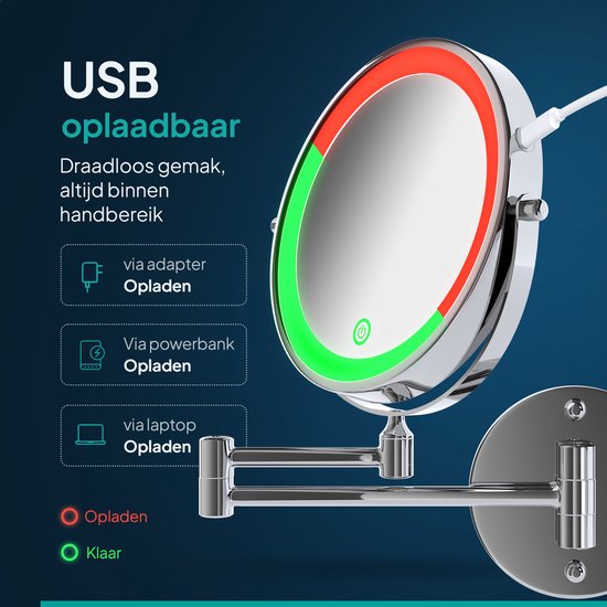 Mirlux Make-up-Spiegel mit LED-Beleuchtung - Wiederaufladbar - 5-fache Vergrößerung - Vergrößerungsspiegel mit Licht - Rasierspiegel - Badezimmerspiegel - Chrom