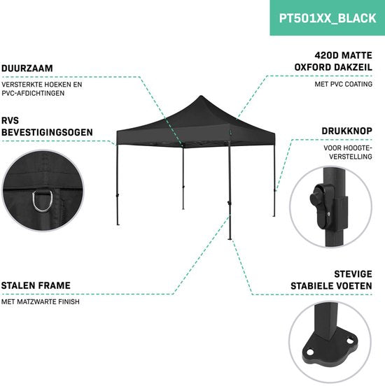 VONROC Partyzelt - 3x3 m - Premium easy-up Partyzelt - Modulares Design - Faltbar - Wasserdicht - Stahlrahmen - 50+ UV Schutz - Inklusive Aufbewahrungstasche - Schwarz