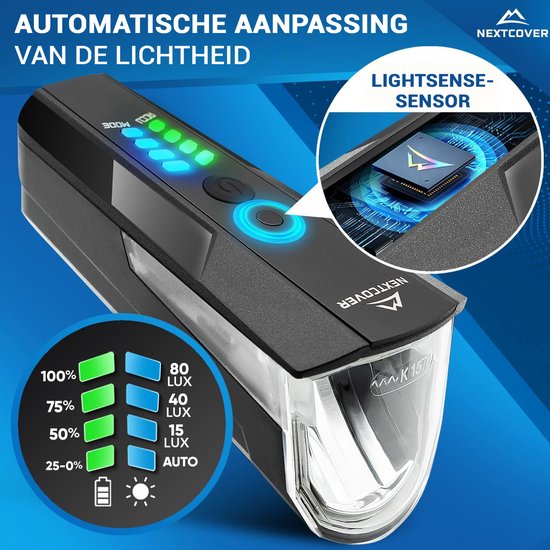 Nextcover Fahrradbeleuchtungsset – 80 Lux – über USB aufladbar – LightSense – StVZO – Schwarz