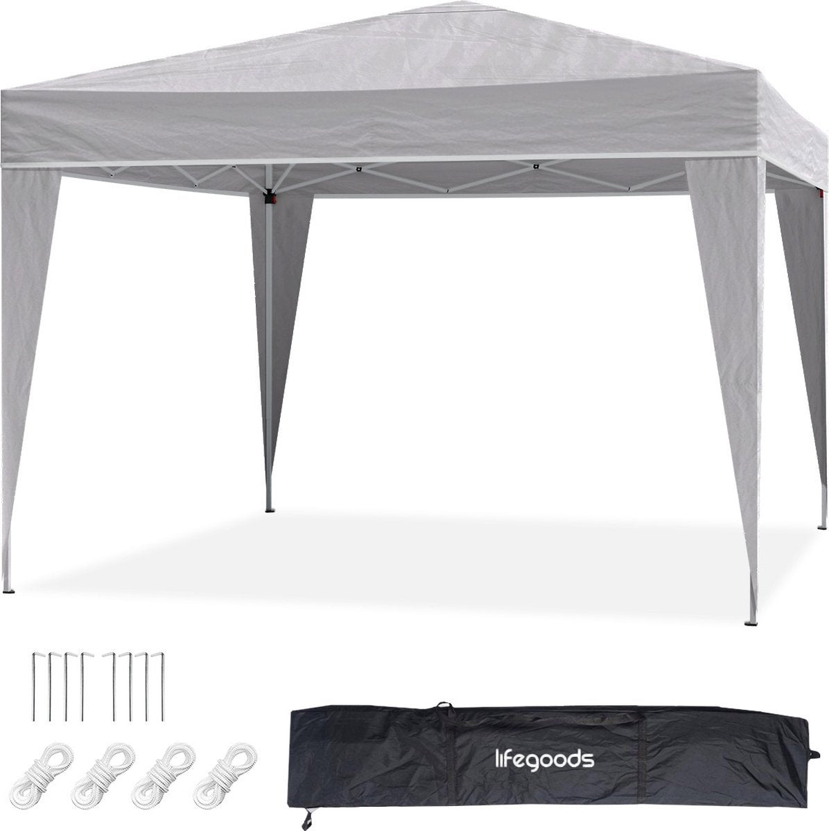LifeGoods Partyzelt - Pavillon - 3x3 m - leicht aufbaubar - faltbar - wasserdicht - Tragetasche mit Rädern - grau