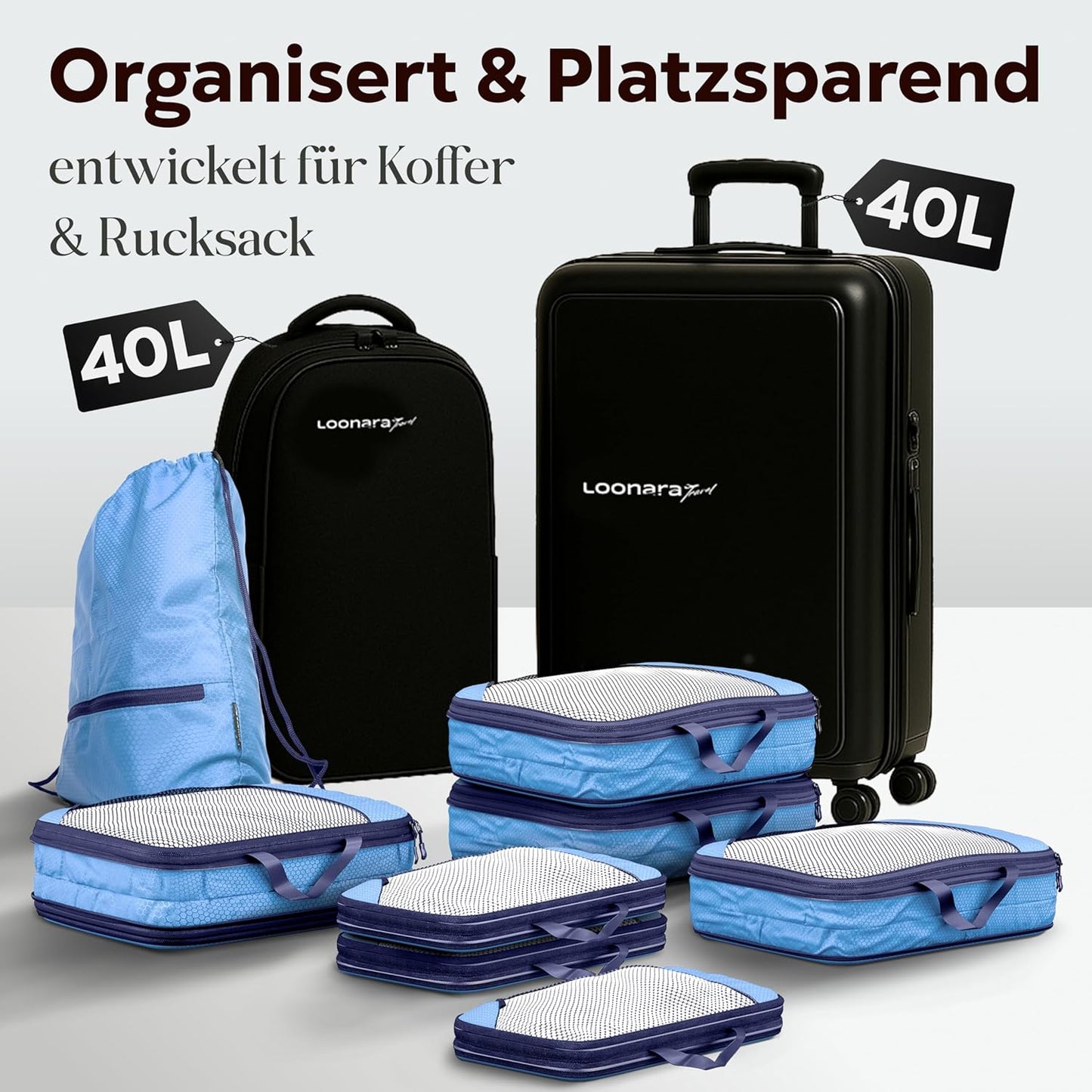 LOONARA Packwürfel - Compression Travel Organiser - 3er-Set - Mariner's Azure - für Koffer & Rucksack - leicht & langlebig - sparen Sie bis zu 50% Platz
