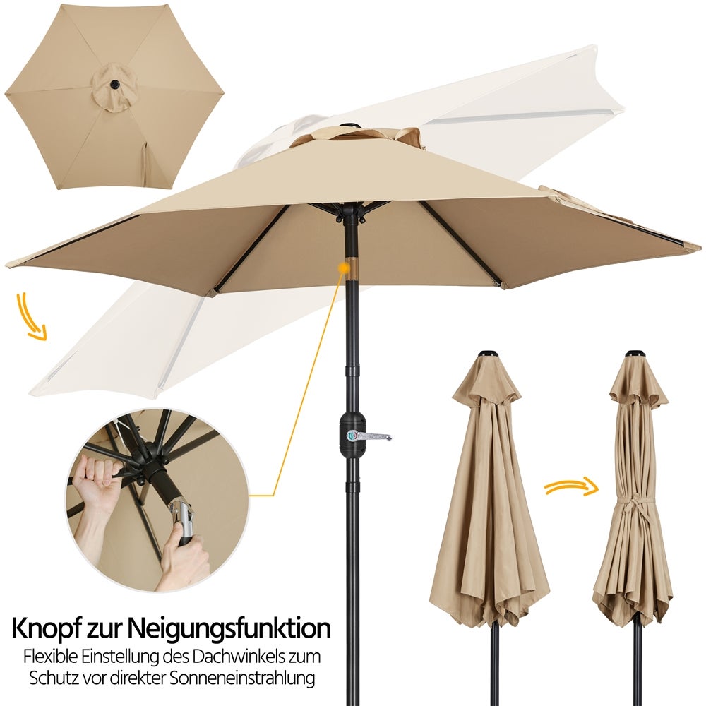 Yaheetech Sonnenschirm mit Kurbel – neigbar – UPF 50+ – ø 226 x 240 cm – hellbraun