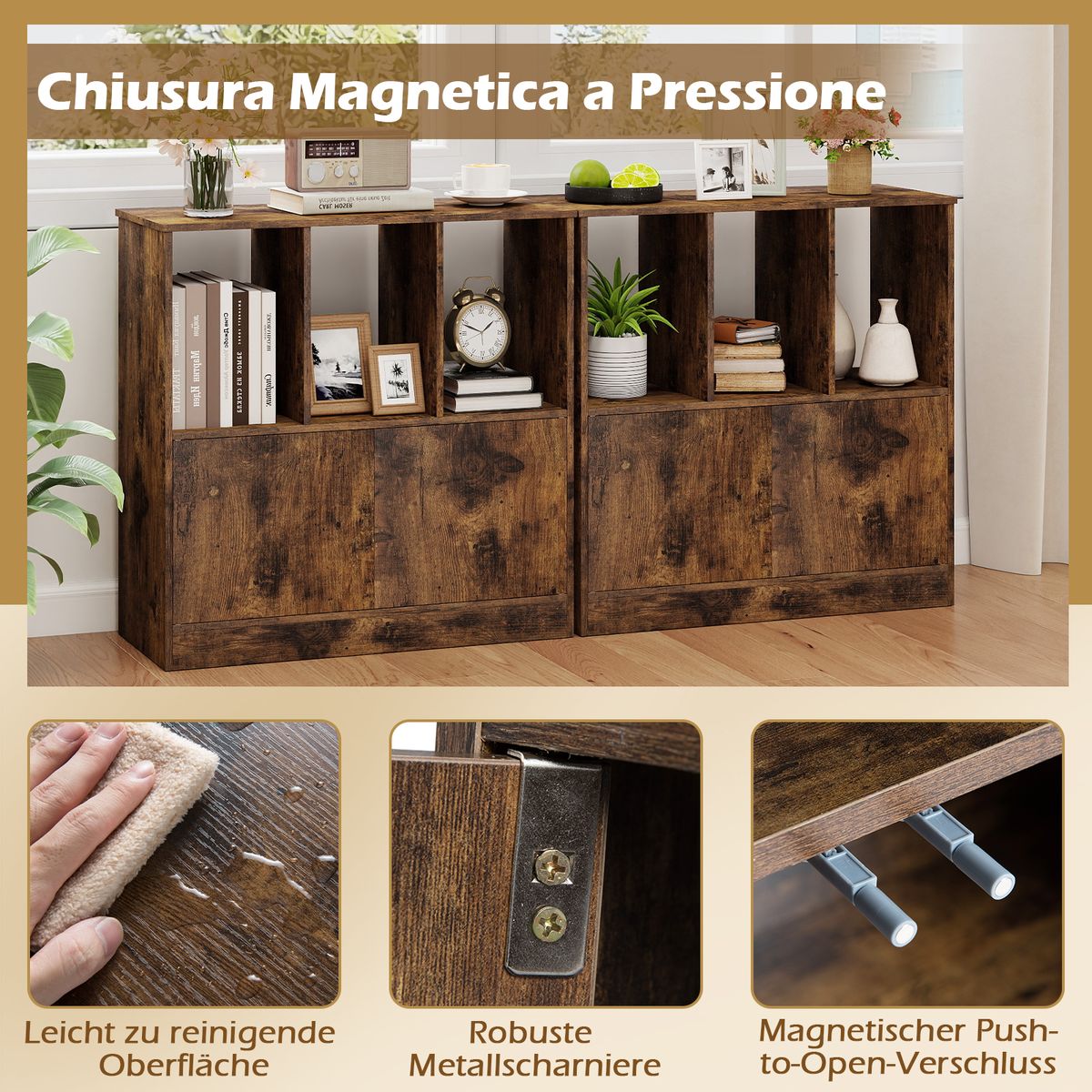 Coast Bücherregal mit 3 offenen Fächern und 2 Türen – modernes Design – braun – 70 x 30 x 70 cm