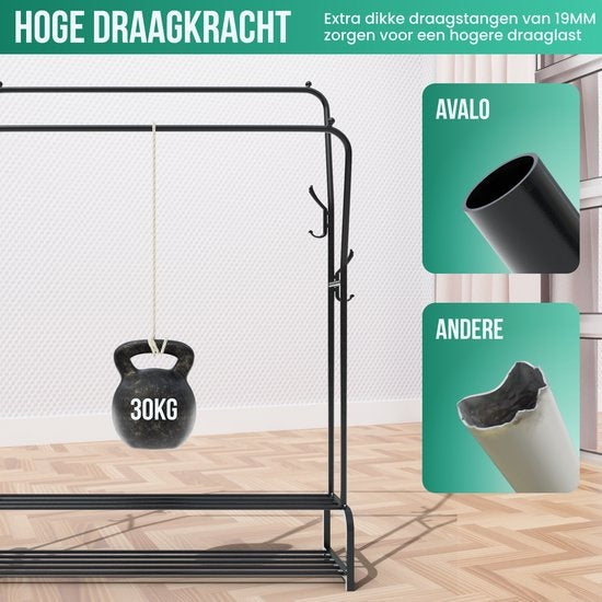 Avalo Industrial Clothes Rack Double Rod - Metall - 110x33x150 CM - Schwarz - Lagerung für Schuhe - Garderobe Rack mit Haken