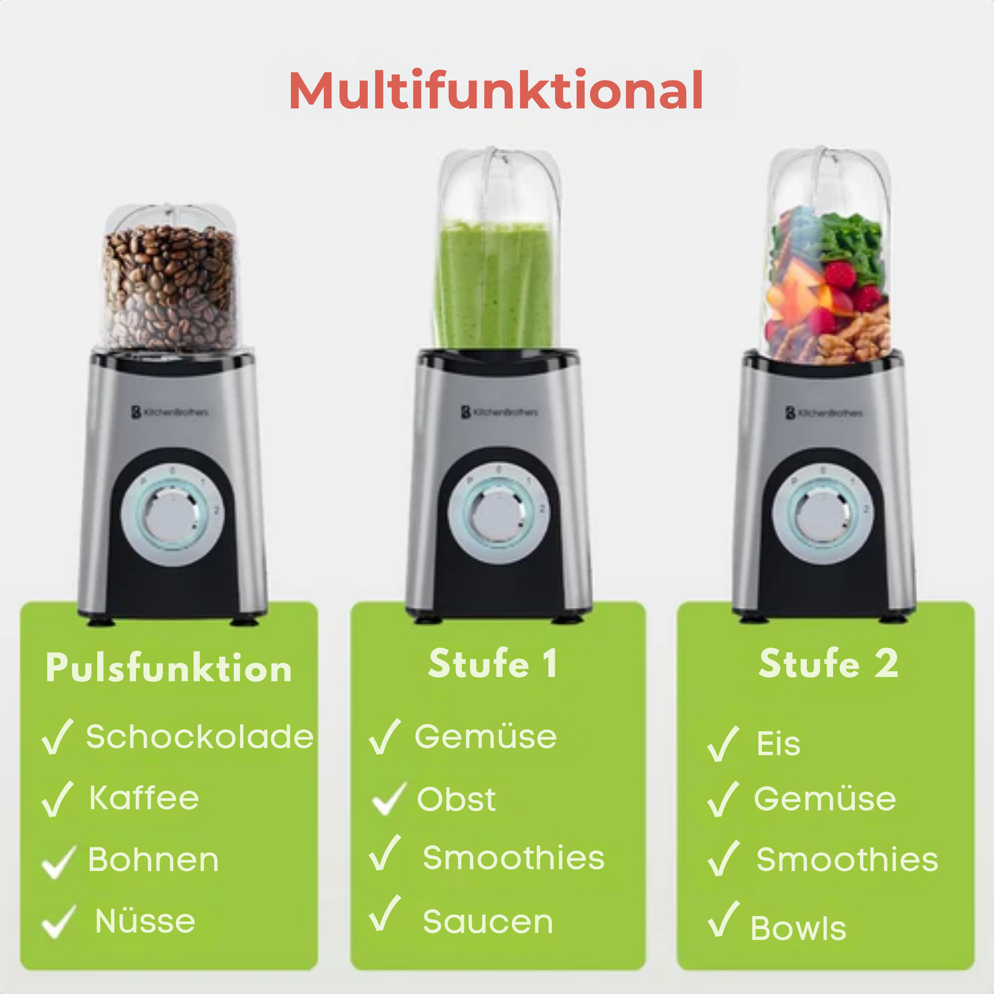 KitchenBrothers Smoothie Mixer - 13-teiliges Set - 4 Becher - To Go - 350W - Edelstahl