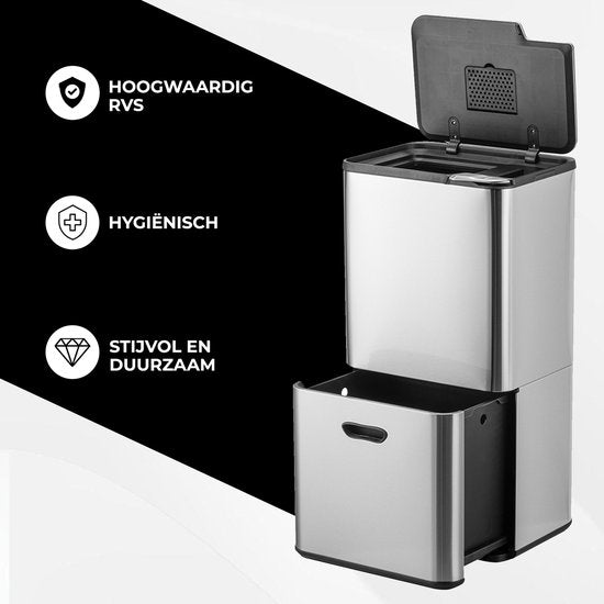 Bayt Abfalleimer 60 Liter - Abfalleimer 60 Liter - Mülltrennung - 2 Fächer - Edelstahl - Silber