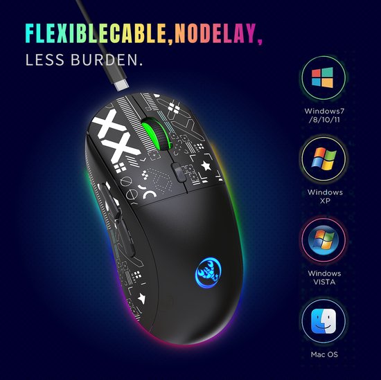 HXSJ T90 2.4G Silent Wireless Gaming Mouse - Bluetooth - Computermäuse - Ultraleicht - RGB-Beleuchtung - Schwarz