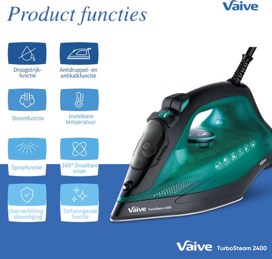 VAIVE TurboSteam 2400 Bügeleisen - Dampfbügeleisen - Dampfbügeleisen - 2400W - 320 ML Wassertank - Dampferhöhungsfunktion