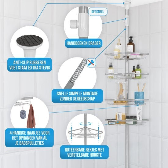 Strex - Teleskop Duschablage - rostfreier Stahl - 70-275 cm - 4 Körbe - ohne Bohren oder Schrauben - Silber