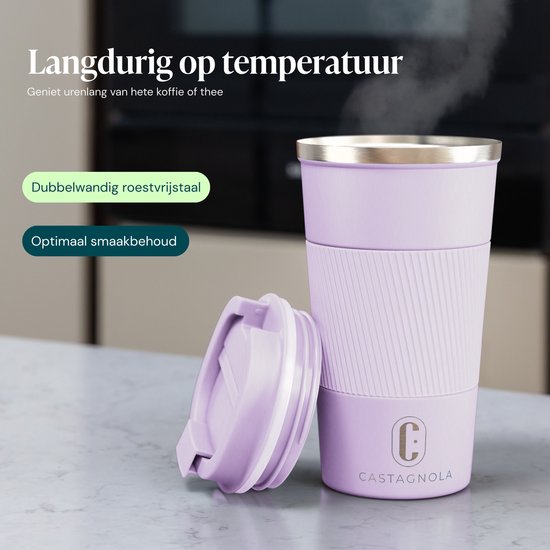 Castagnola Thermosbecher – Kaffeebecher zum Mitnehmen – Reisebecher für Kaffee und Tee – Teebecher – 510 ml – Edelstahl – Hellviolett