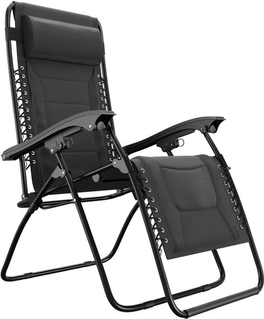 LifeGoods Lounger Comfort - klappbar - 30°-90° verstellbar - Tassen- und Telefonhalter - Gartenstuhl - Schwarz