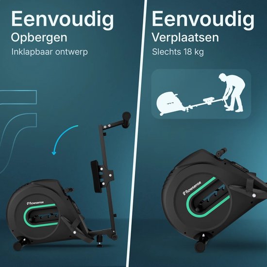 Flowsense Elvora Lite Rudergerät - Zusammenklappbares Rudergerät - Elastischer Widerstand - LCD-Display - Leise & Kompakt - Für Benutzer bis zu 200 cm / 115 kg - Home Fitness Rudergerät