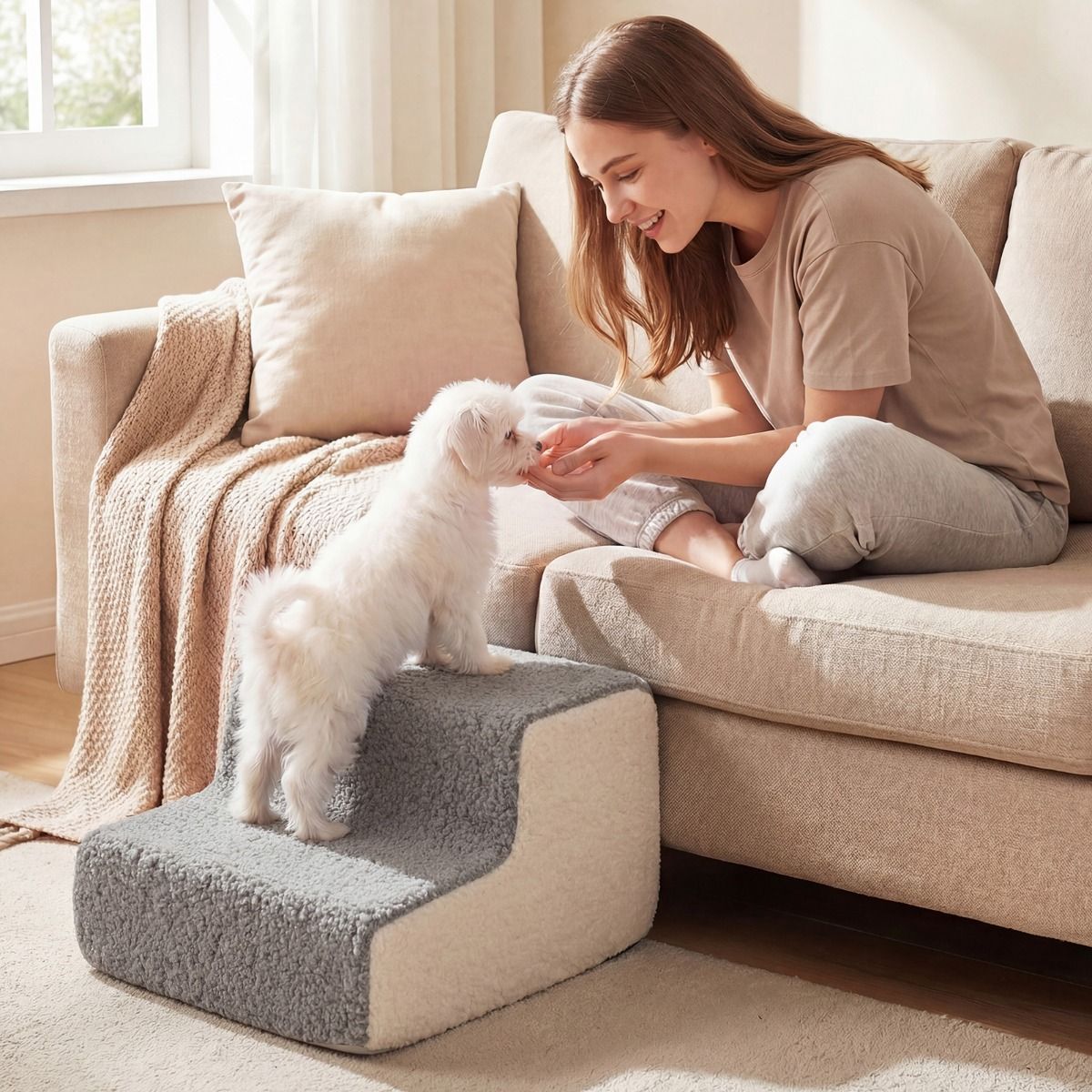 Coast Hundetreppe mit 2 Stufen – flexible Haustiertreppe – rutschfest und mit abnehmbarem Bezug – grau und weiß