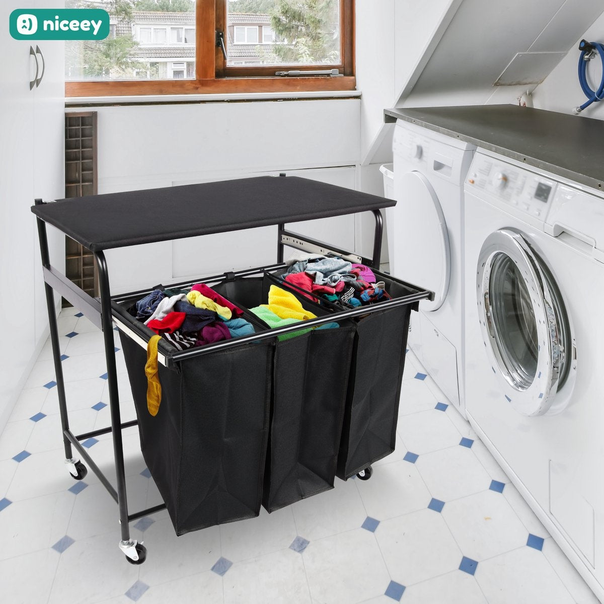 Niceey Wäschekorb auf Rädern - 3 ausziehbare Fächer - Schwarz