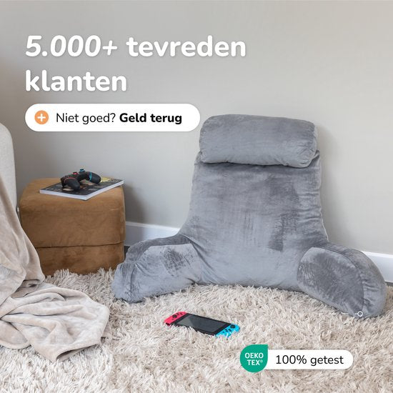 Soft & Silky Lesekissen fürs Bett - Gute Haltung - Mit 3 Ablagefächern - Für den unteren Rücken - Fürs Sofa - Grau